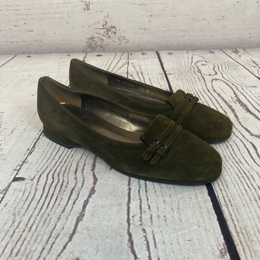 Stuart Weitzman Womens Size 7.5M Olive Green Suede Buckle Loafer Flats